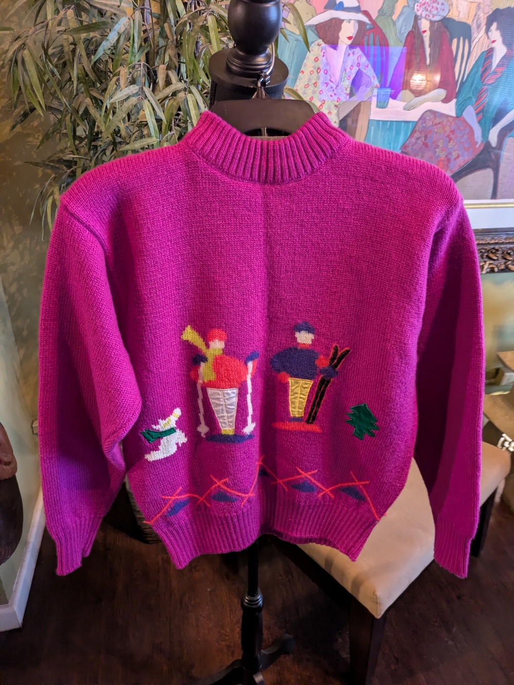 Wool,Cozy Magenta Holiday Knit Turtleneck Sweater with Festive Embroidery